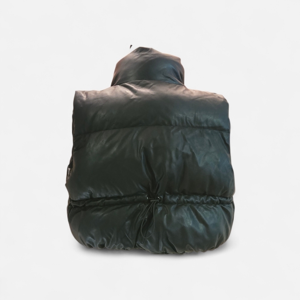 Double Zero Girls Junior L Black Faux Leather Cropped Puffer Vest Standup Collar - Picture 7 of 13